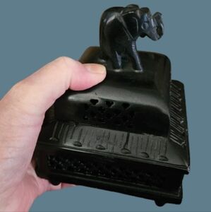 Hand Carved Gray Stone Trinket Box with Elephant on Top